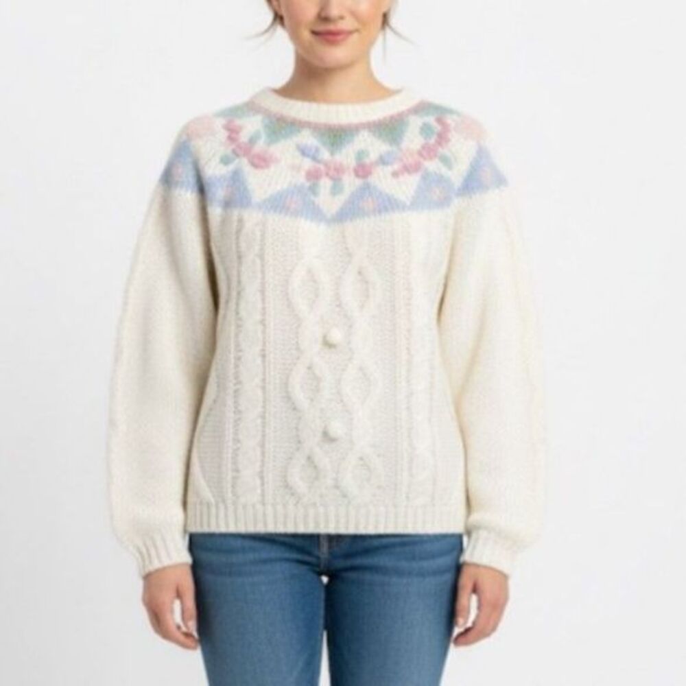 Vintage 80s Needles & Yarn Ivory Cable Knit Floral Yoke LS Crewneck Sweater Sz M